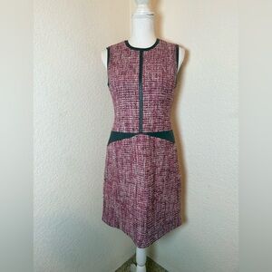 WORTH‎ pink tweed sheath dress, grey leather trim, sleeveless, back zip. 4